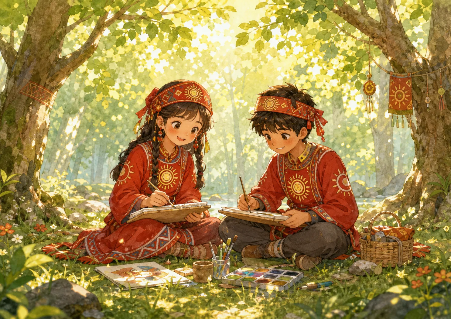 森林里画画的孩子